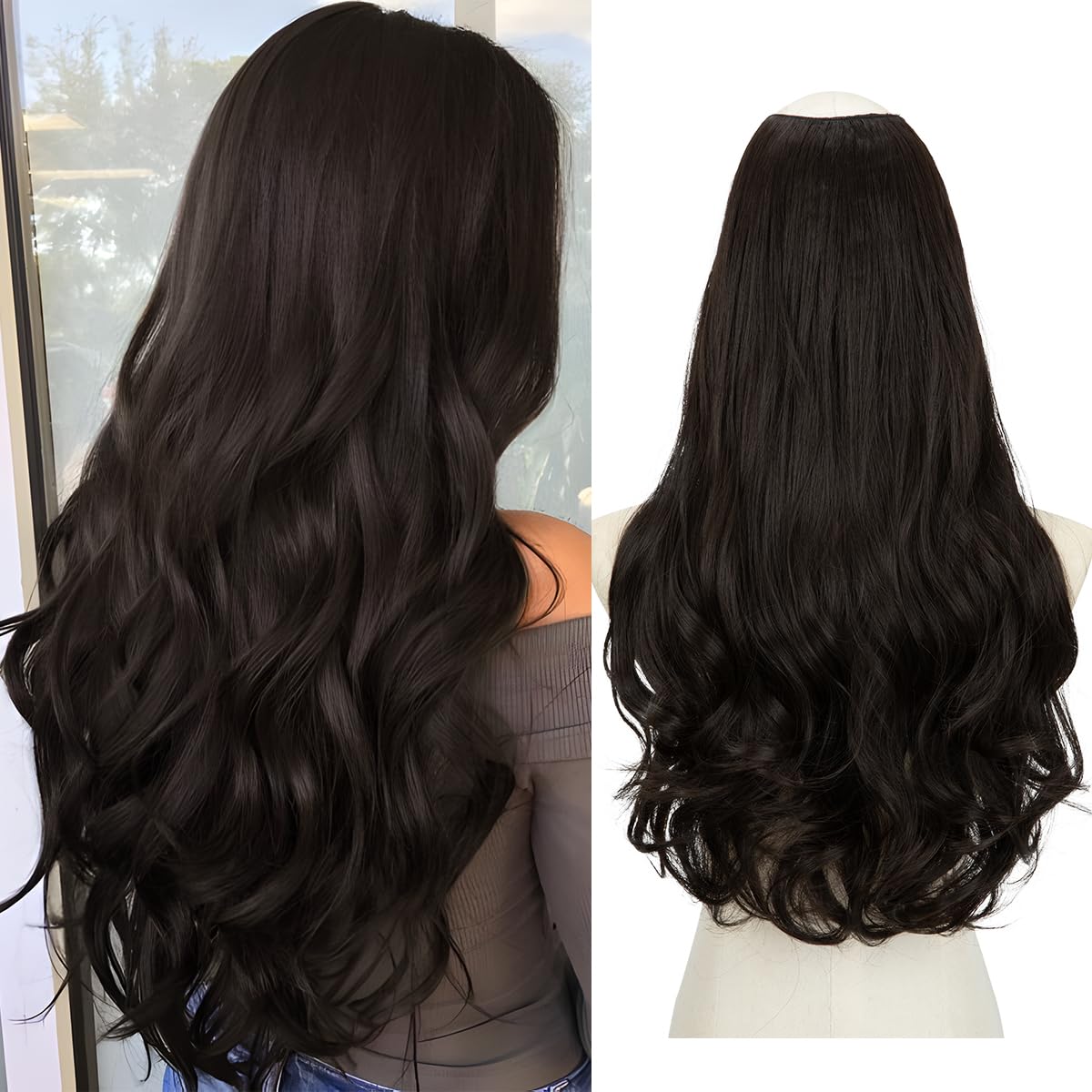 SARLA Clip in U Part Hair Extensions Synthetic Long Wavy Curly Thick Full Head Hairpiece for Women Black Brown 24 Inch