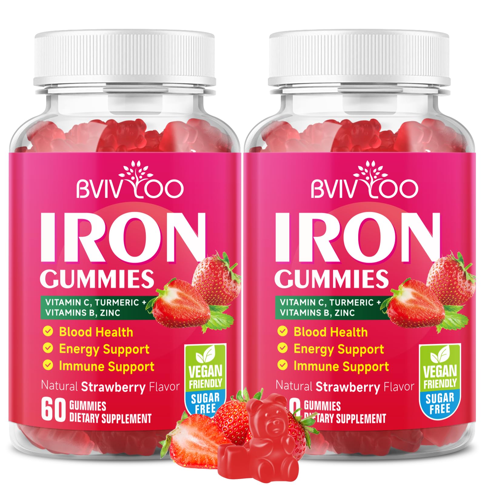 2 Pack Vegan Iron Gummies for Adults & Kids - with Vitamin C, A, B-Complex, Folate, Zinc, and Biotin - for Blood Building & Energy Support, 120 Gummies