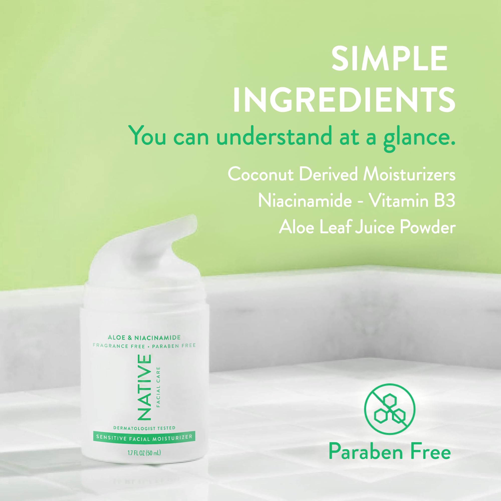 Native Sensitive Daily Facial Moisturizer Gentle Face Lotion Hydrating Cream for Women and Men with Vitamin B3 & Aloe Lightweight Non Greasy Formula - 1.7 fl oz