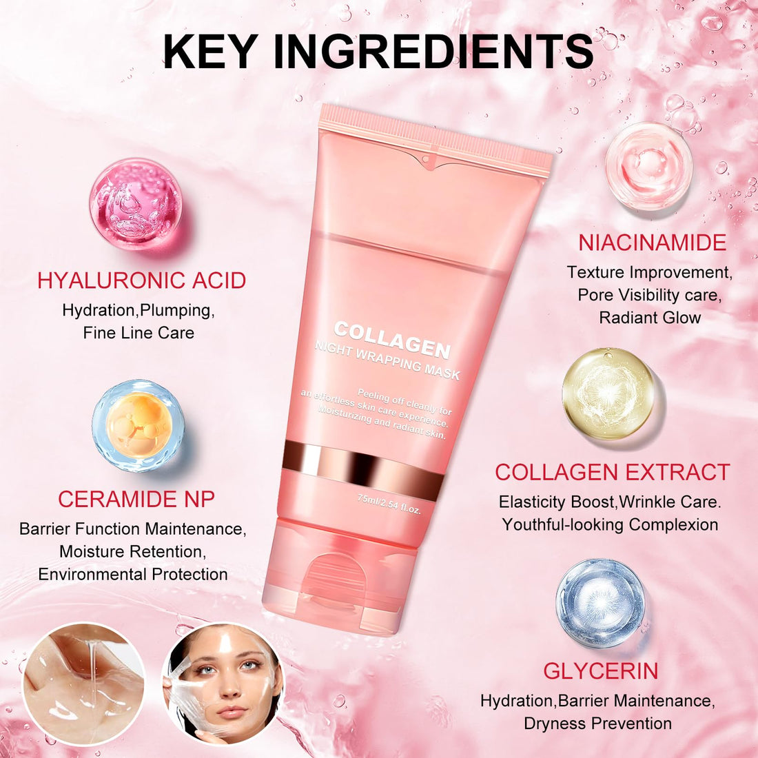 Collagen Overnight Wrapping Peel Off Face Mask Collagen Face Mask Overnight-Deep Hydration Care, Reduce Sagging & Dullness for Glowing Skin 2.65 fl.oz Collagen Night Wrapping Mask (1PCS)