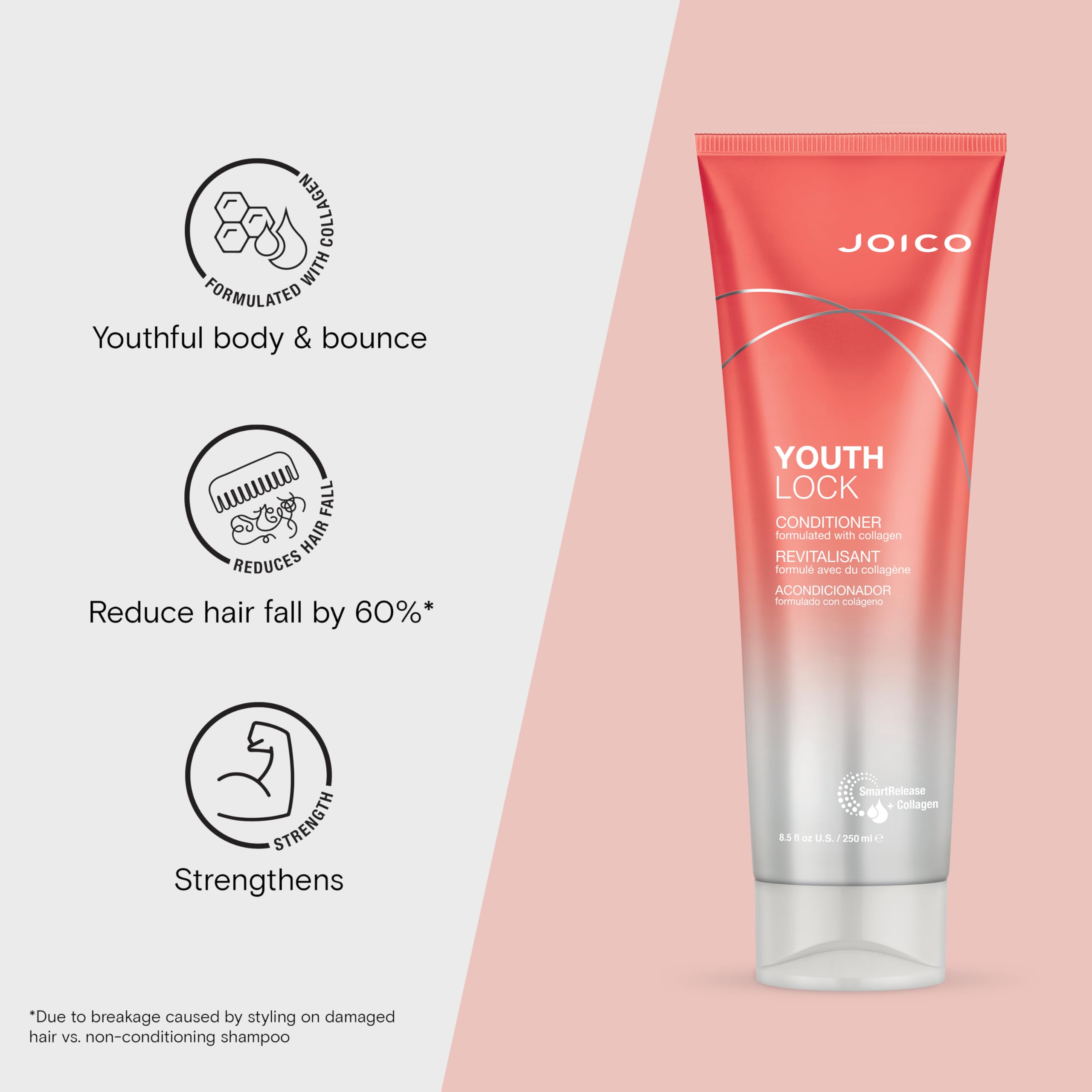 Joico YouthLock Conditioner Formulated With Collagen | Youthful Body & Bounce | Reduce Breakage & Frizz | Soften & Detangle Hair | Boost Shine | Sulfate Free | With Arginine | 8.5 Fl Oz