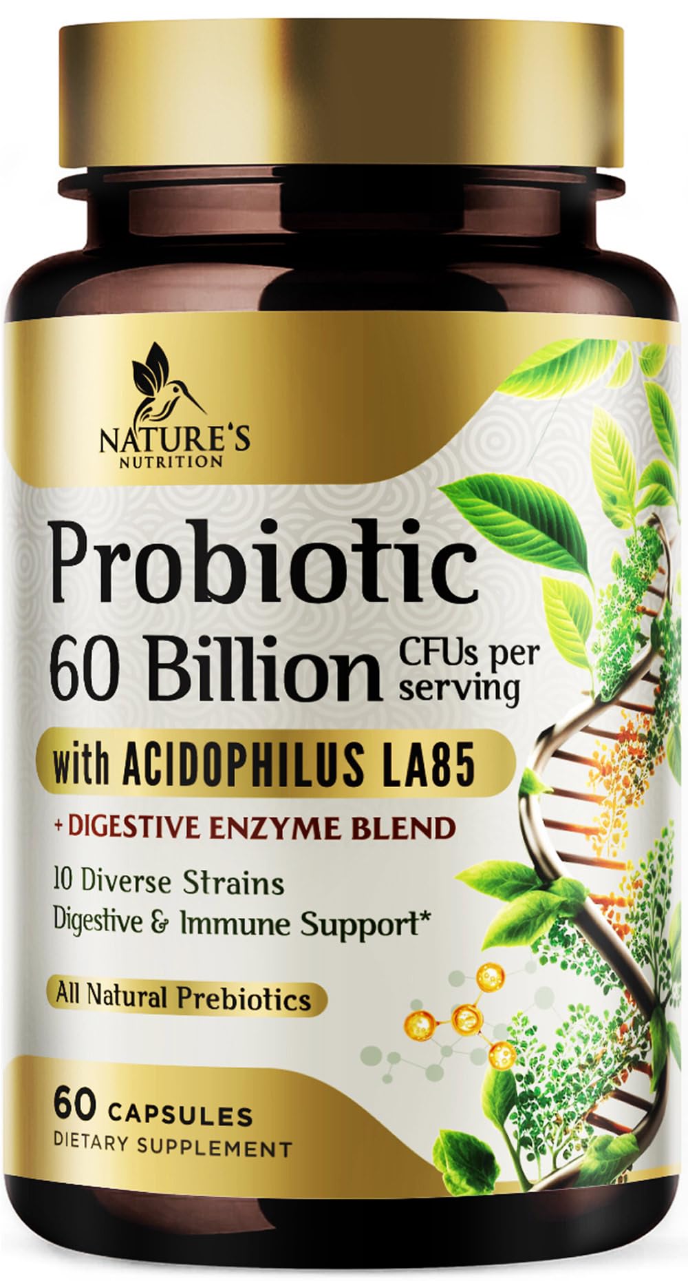 Probiotics 60 Billion CFU per Serving - 10 Strains + Prebiotics - Immune, Digestive & Gut Health Support, Supports Occasional Constipation, Gas & Bloating - Shelf Stable for Women & Men - 60 Capsules