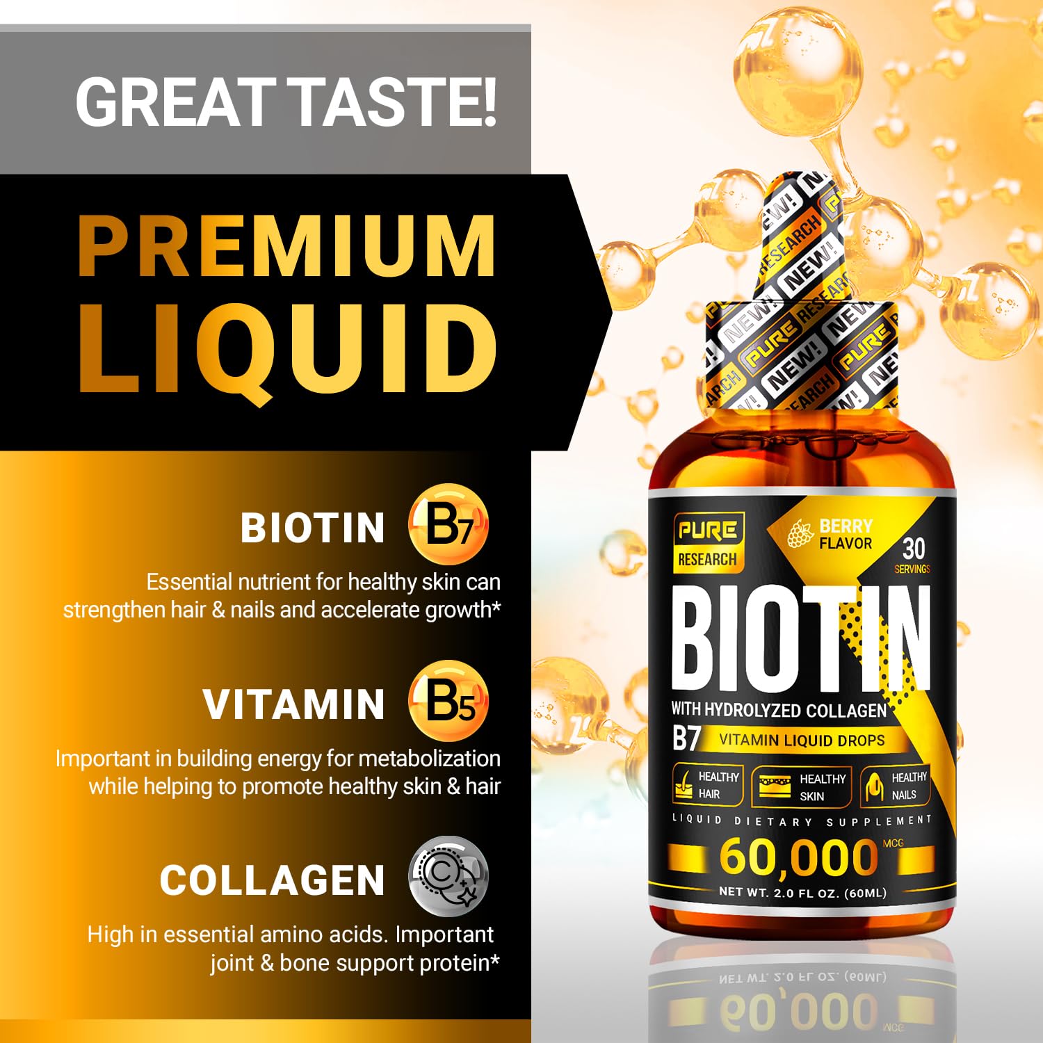 PURE RESEARCH Biotin & Collagen 60,000mcg Hair Growth Liquid Drops, Supports: Strong Nails, Glowing Skin, Healthy Hair Growth, More Absorption Than Capsules & Pills (4Fl Oz)