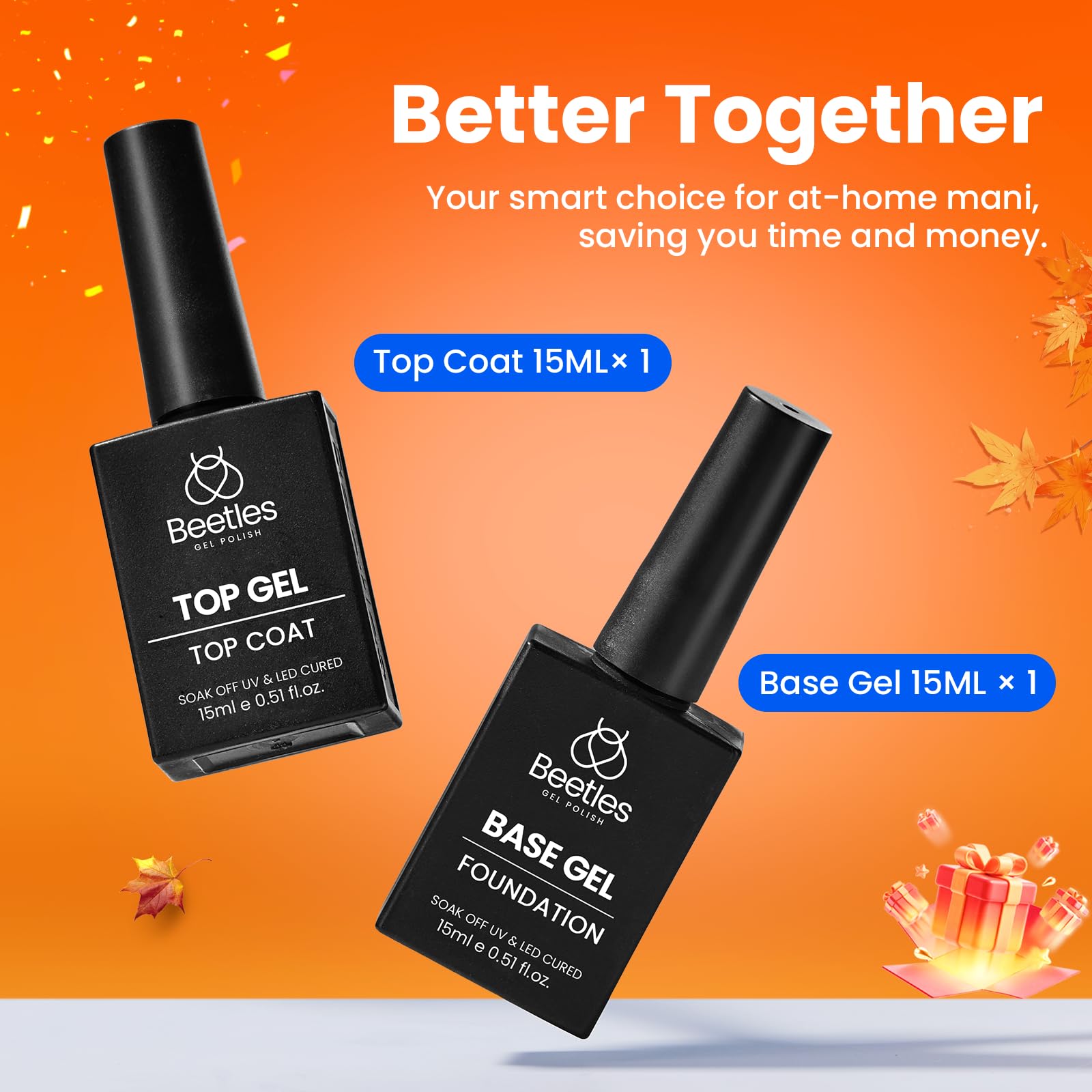 Beetles No Wipe Gel Top Coat and Base Coat Set for Gel Polish - 2Pcs 15ml Super Shiny and Long Lasting for Soak Off LED Nail Lamp Halloween Nail Art Design