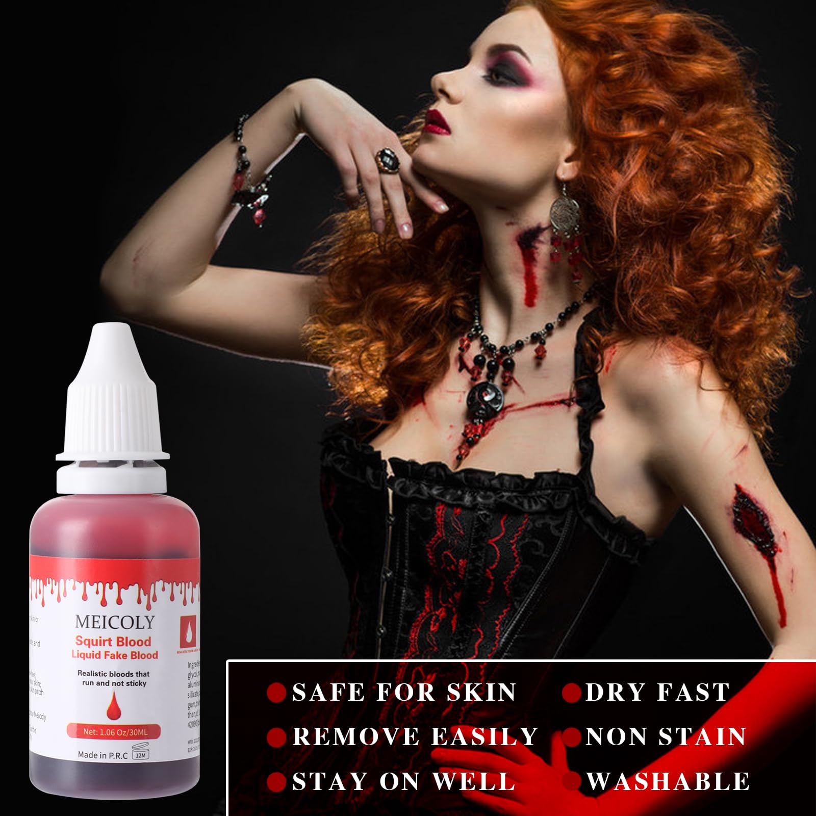 MEICOLY 2.1oz Halloween Fake Blood Makeup- Realistic Sangre Falsa Washable Edible Liquid with 0.7oz Cleaning Soap - Squirt Blood for Clothes,Zombie Vampire Monster,SFX Cut Flesh Wound Makeup - Bright