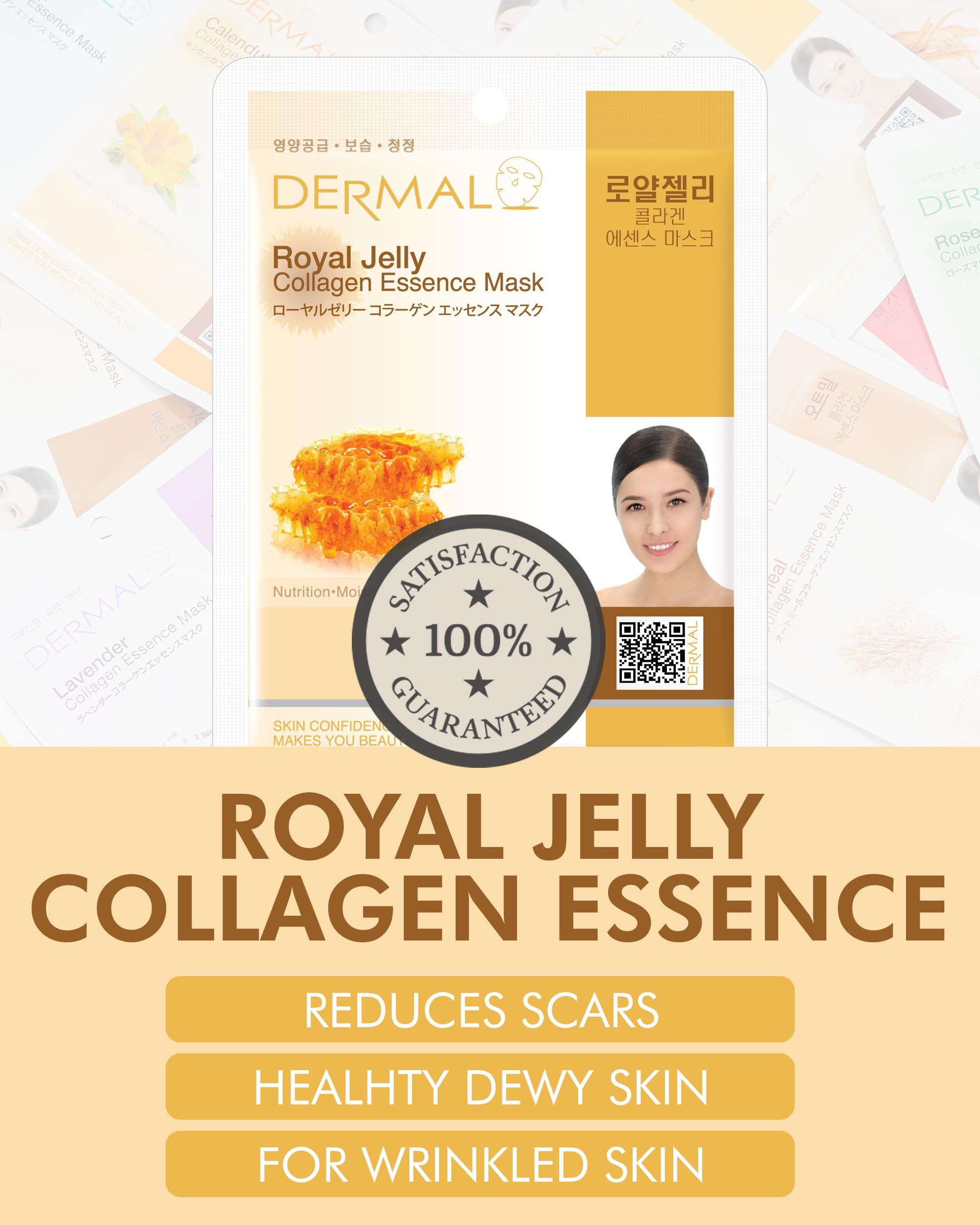 DERMAL Royal Jelly Collagen Essence Korean Facial Mask Sheet Pack of 10 - Intensive Moisture Therapy for Stress-Relief and Skin Elasticity - Hypoallergenic Skin Friendly Sheet