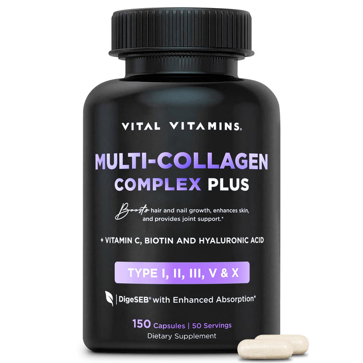 Vital Vitamins Multi Collagen Plus - with Biotin, Hyaluronic Acid, Vitamin C - Type I, II, III, V, X - for Women & Men - Hair, Skin, Nails Beauty Complex - 150 Capsules