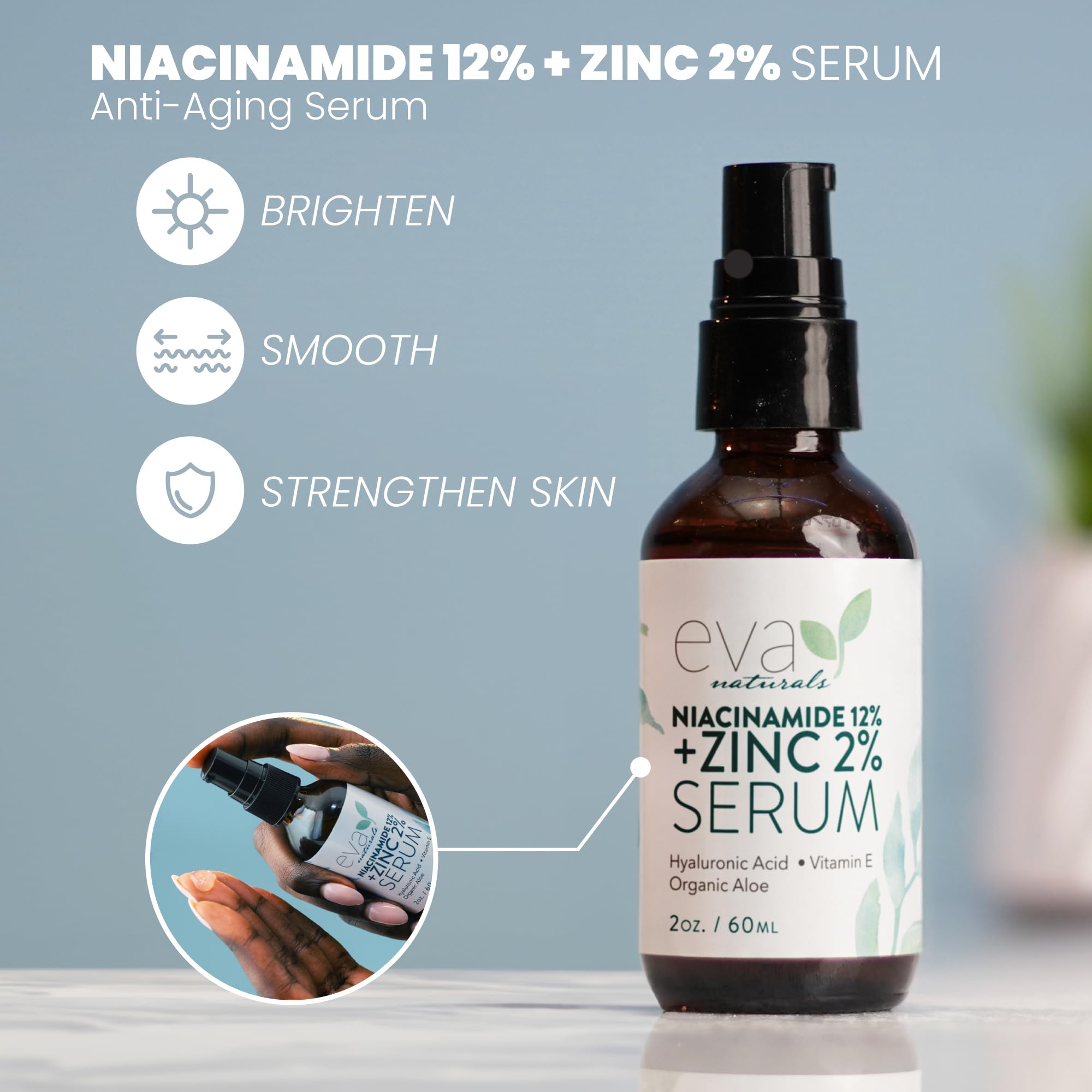 Niacinamide Serum for Face - 12% Niacinamide & 2% Zinc Serum with Hyaluronic Acid - Pore Minimizer, Improve Dark Spots, Redness Relief (2 oz)