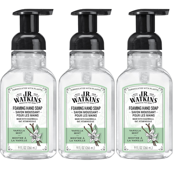 J.R. Watkins Foaming Hand Soap For Bathroom or Kitchen, Scented, Cruelty Free, 9 Fl Oz, Vanilla Mint, 3 Pack