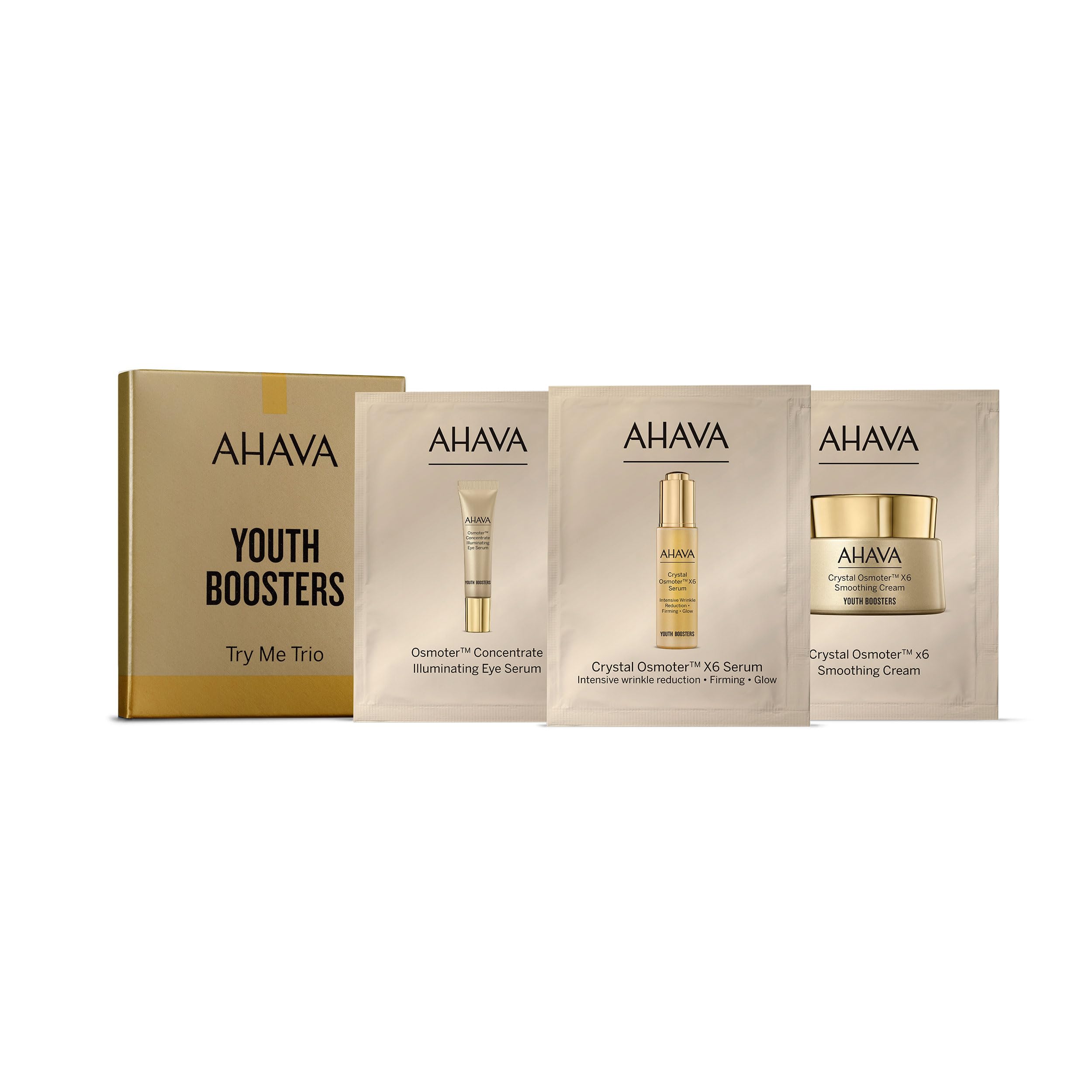 AHAVA Crystel Osmoter Youth Boosters Sachet Kit- X6™ Smoothing Cream 2ml, X6 Serum 0.5ml & Illuminating Eye Serum 2ml- Enhances Youthful Glow, Firming & Luminosity, Reduces Dark Circles