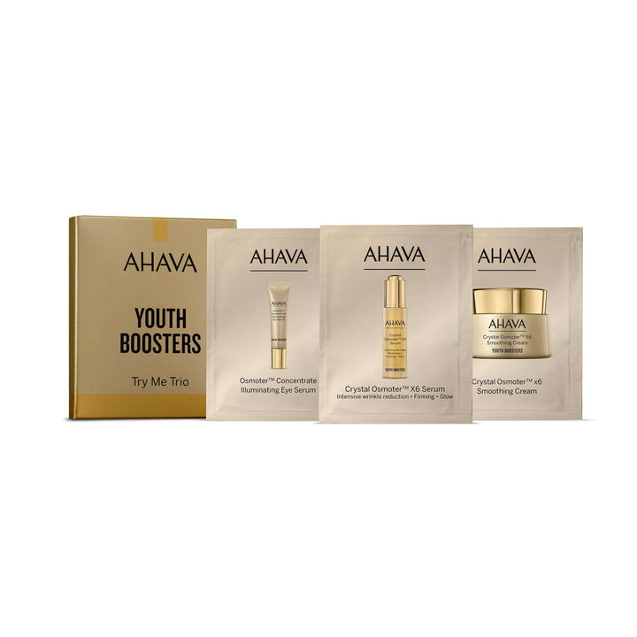 AHAVA Crystel Osmoter Youth Boosters Sachet Kit- X6™ Smoothing Cream 2ml, X6 Serum 0.5ml & Illuminating Eye Serum 2ml- Enhances Youthful Glow, Firming & Luminosity, Reduces Dark Circles