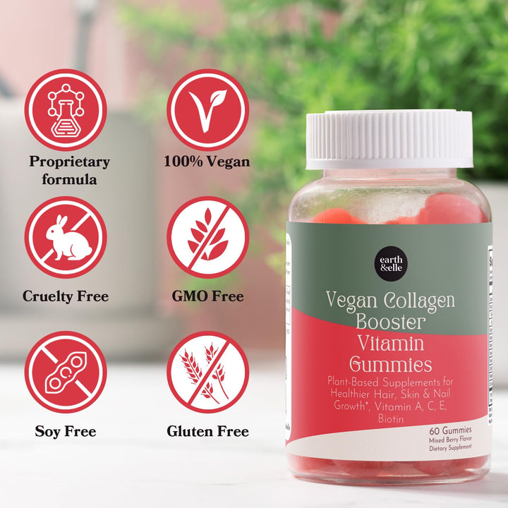 earth & elle Vegan Collagen Booster Gummies for Women with Biotin and Vitamins - Boosts Hair Nails and Skin Health, Anti-Aging - Delicious Sugar Free Berry Flavor - Easy to Chew - 60 Count