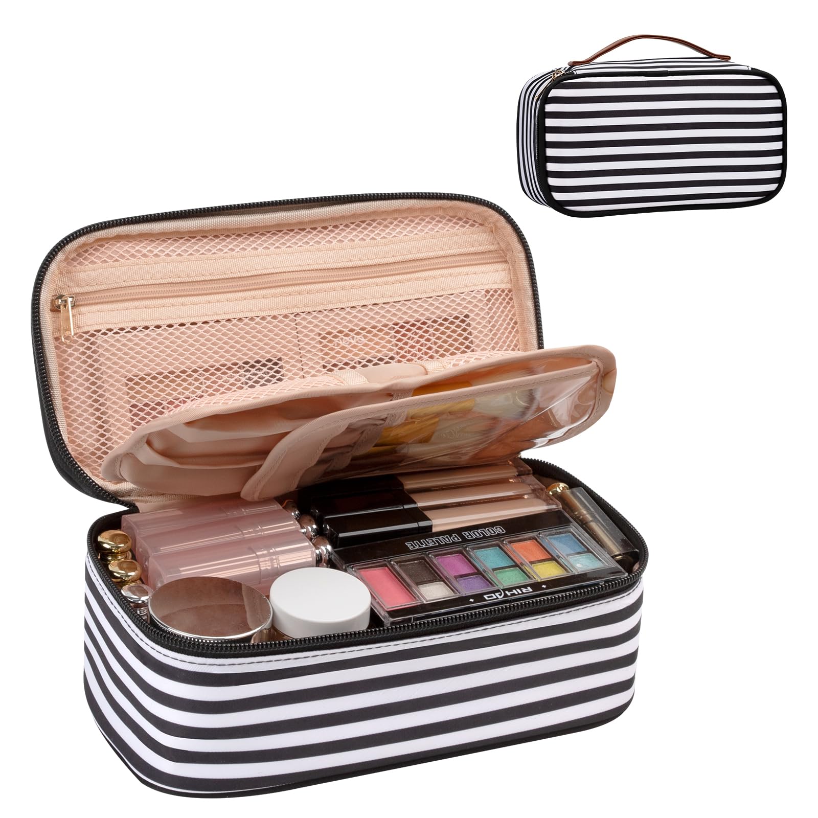 OCHEAL Small Cosmetic Bag,Portable Cute Travel Makeup Bag for Women and girls Makeup Brush Organizer cosmetics Pouch Bags-Black/White Stripes