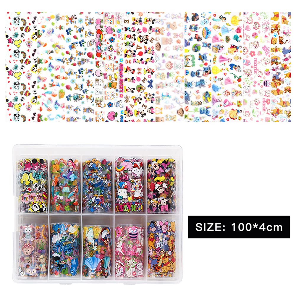 10 Rolls Cute Cartoon Nail Foil Transfer Stickers Nail Art Supplies Designer Nail Stickers Holographic Nail Art Foil Decals Cartoon Nail Designs for Women Kids Girls Acrylic Nails Decoration