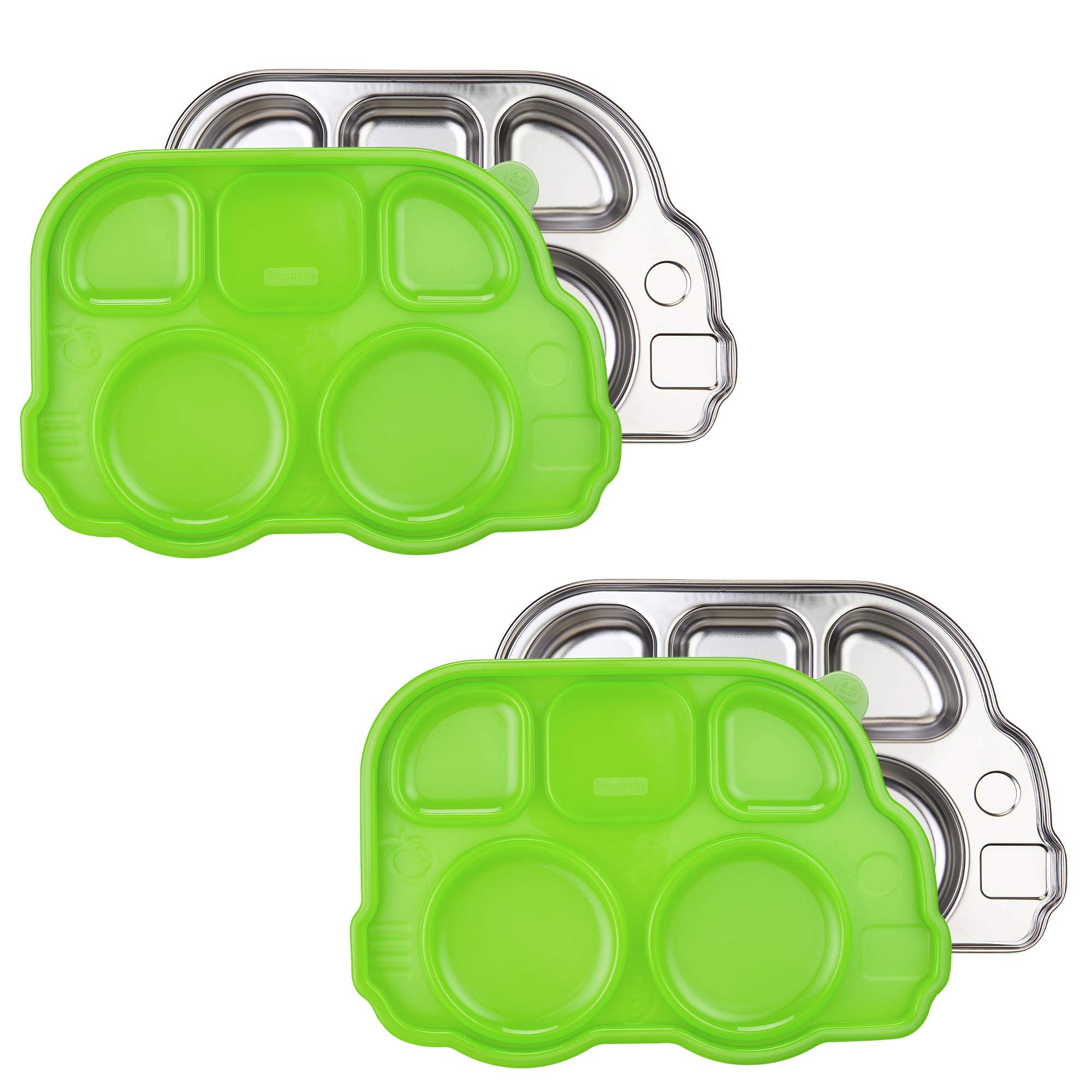 Innobaby Stainless Bus Plate with Sectional Lid, Leak-Resistant Divided Platter, Mom Invented Fun Shape Plate Din Din Smart for Babies, Toddlers and Kids, BPA Free, Green, 2 Pack