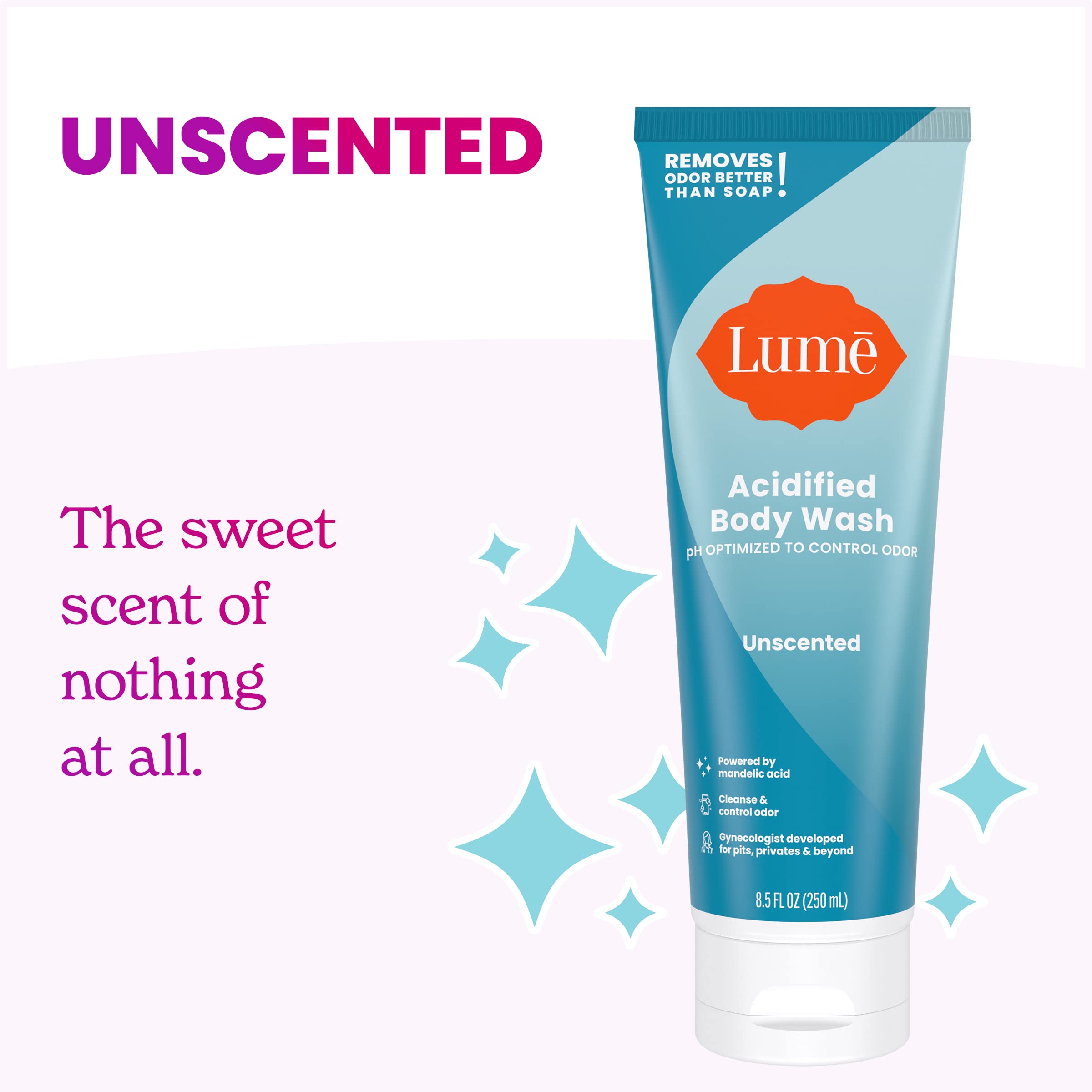 Lume Acidified Body Wash - 24 Hour Odor Control - Removes Odor Better than Soap - Moisturizing Formula - Formulated Without SLS or Parabens - OB/GYN Developed - 8.5 ounce (Unscented)