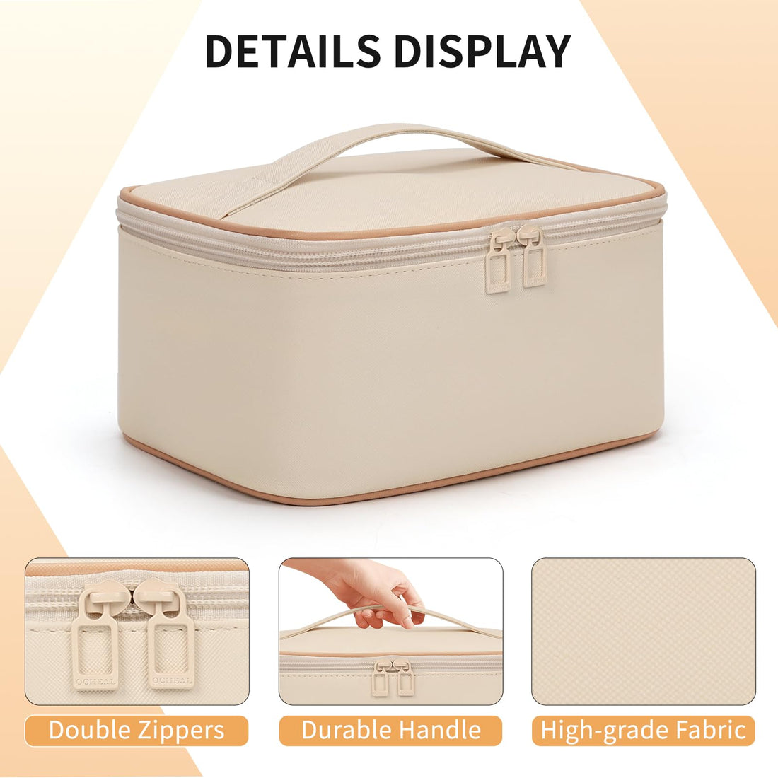 OCHEAL Beige Makeup Bag,Travel Makeup Organizer Bag, Large Capacity Cosmetic Bags For Women Large Travel Toiletry Bag Girls Traveling With Brush Slot And Divider-White