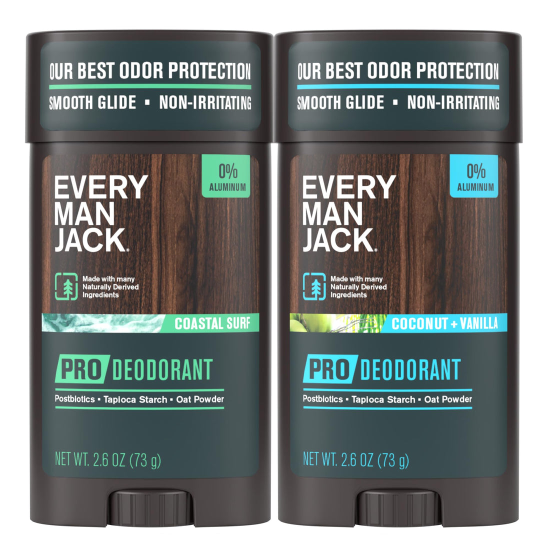 Every Man Jack Men's Pro Deodorant - 48-Hour Odor Defense Blend - Aluminum Free - Contains Postbiotics, Tapioca Stach & Oat Powder - Coastal Surf & Coconut + Vanilla Bundle - 2.6 oz (2 Pack)