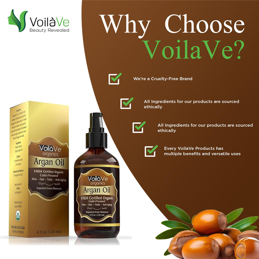 VoilaVe USDA and ECOCERT 100% Pure Organic Moroccan Argan Oil for Skin, Nails & Hair Growth, Anti-Aging Face Moisturizer, Cold Pressed, Hair Moisturizer, Rich in Vitamin E, As Seen On TV - 4 fl oz