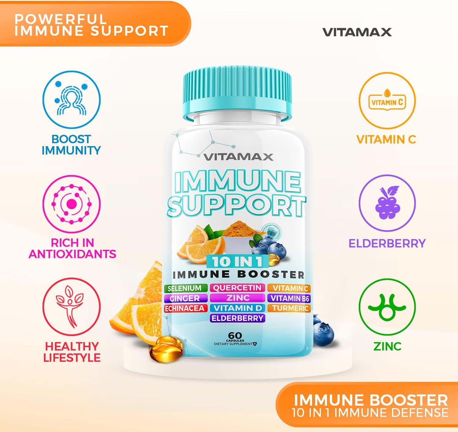 10-in-1 Immune System Support Booster with Elderberry, D3, Selenium, Quercetin, Zinc, Vitamin C, Ginger, Turmeric Curcumin, B6, Echinacea – Natural Immune Defense – Made in USA (60 Count (Pack of 1))