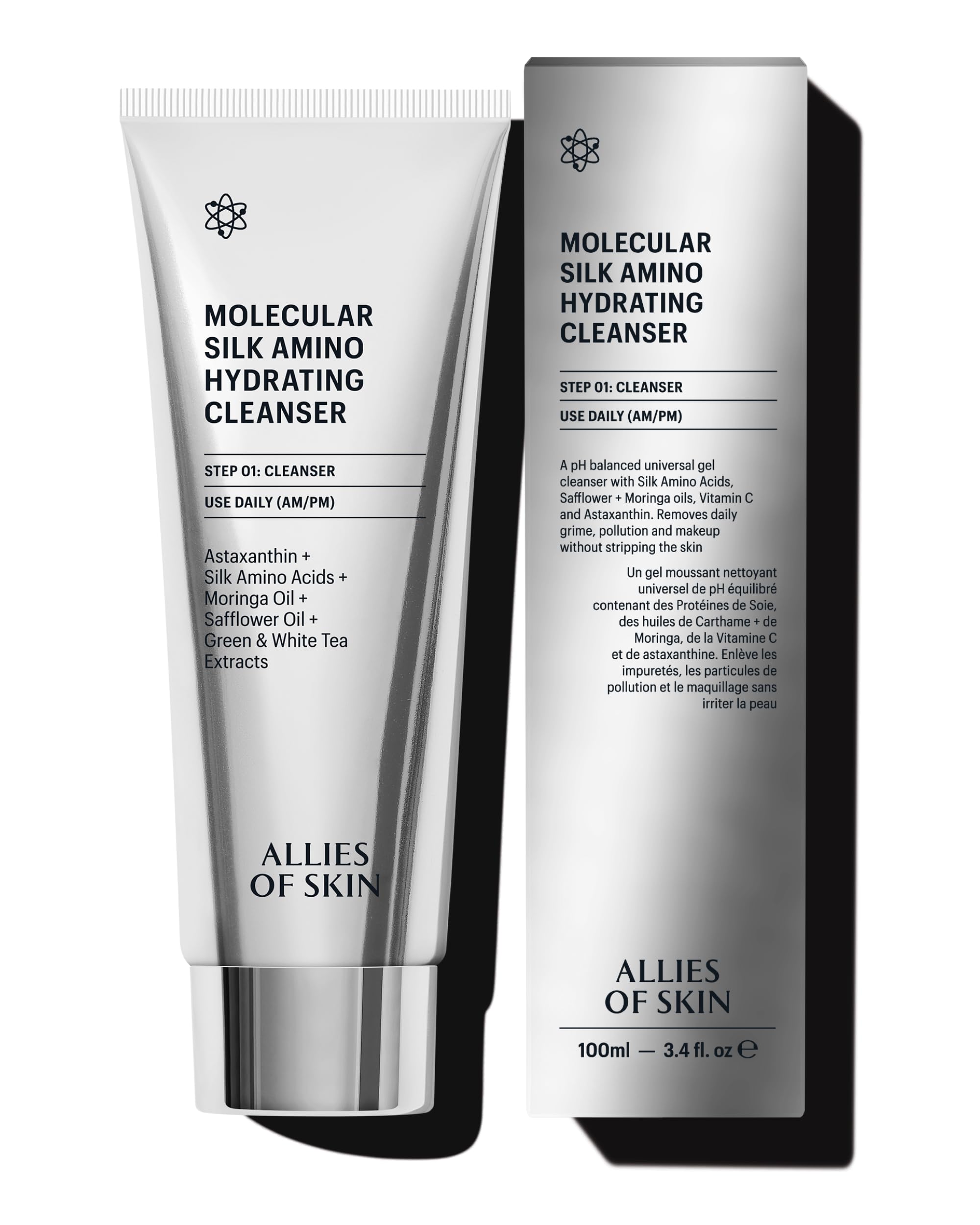 Allies of Skin Molecular Silk Amino Hydrating Cleanser: Hyaluronic Acid, Ceramides, Safflower & Moringa Oils. Nourishes, Conditions & Repairs 100 ml/2.4 oz