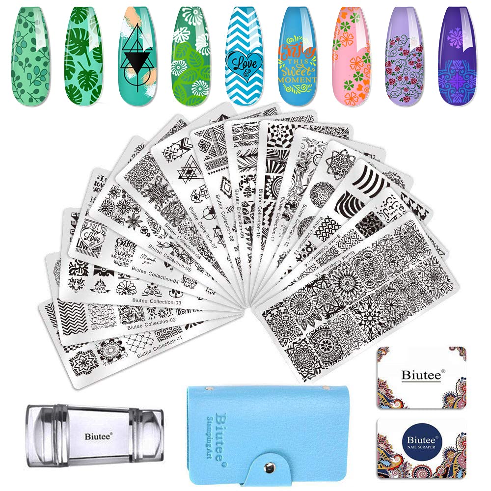 A : Biutee 19pcs Nail Stamp Plates set 15 plate 1Stamper 2Scraper 1storage bag Nails Art Stamping Plate Scraper Stamper Set Leaves Flowers Animal Nail plate Template Image Plate