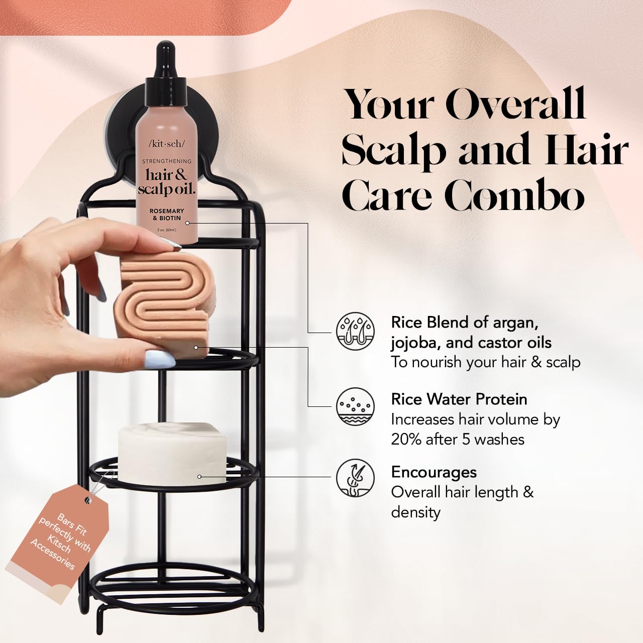 Kitsch Rice Shampoo & Conditioner Bar, Pre-Wash Scalp Serum - Rice Water for Strengthening Hair, Rosemary for Healthy Scalp, Paraben-Free 3pc Set