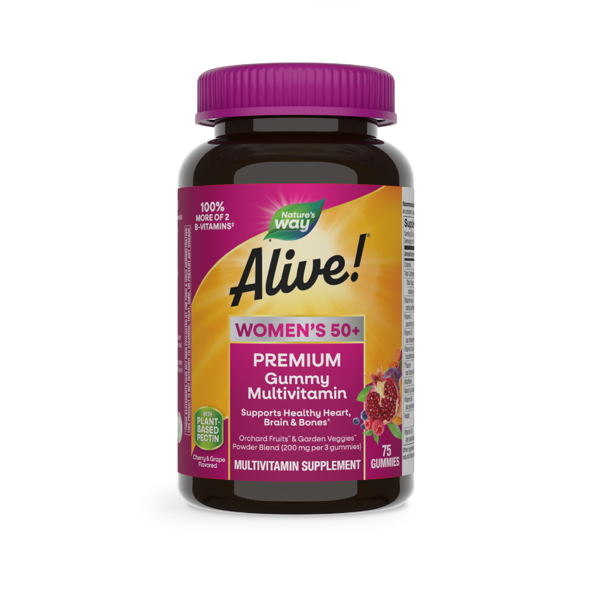 Nature’s Way Alive! Women’s 50+ Premium Gummy Multivitamin, Supports Healthy Heart, Brain & Bones*, B-Vitamins, Gluten-Free, Vegetarian, Grape and Cherry Flavored, 75 Gummies (Packaging May Vary)