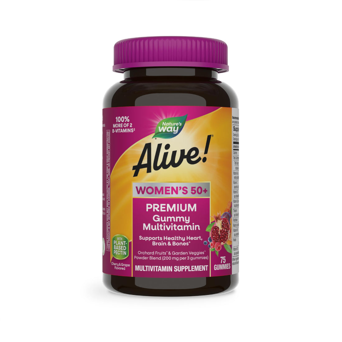 Nature’s Way Alive! Women’s 50+ Premium Gummy Multivitamin, Supports Healthy Heart, Brain & Bones*, B-Vitamins, Gluten-Free, Vegetarian, Grape and Cherry Flavored, 75 Gummies (Packaging May Vary)