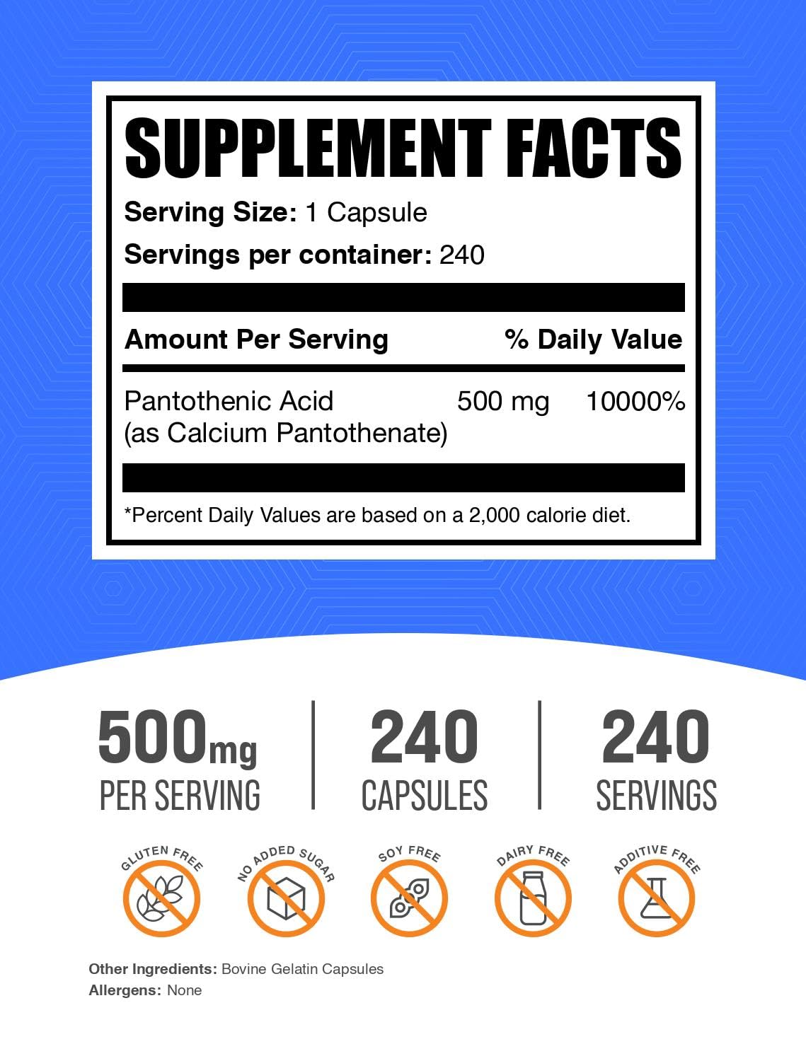 BulkSupplements.com Vitamin B5 Capsules - as Pantothenic Acid, B Vitamin Supplement, Pantothenic Acid 500 mg - Gluten Free, 1 Capsule per Serving, 240 Capsules (Pack of 1)