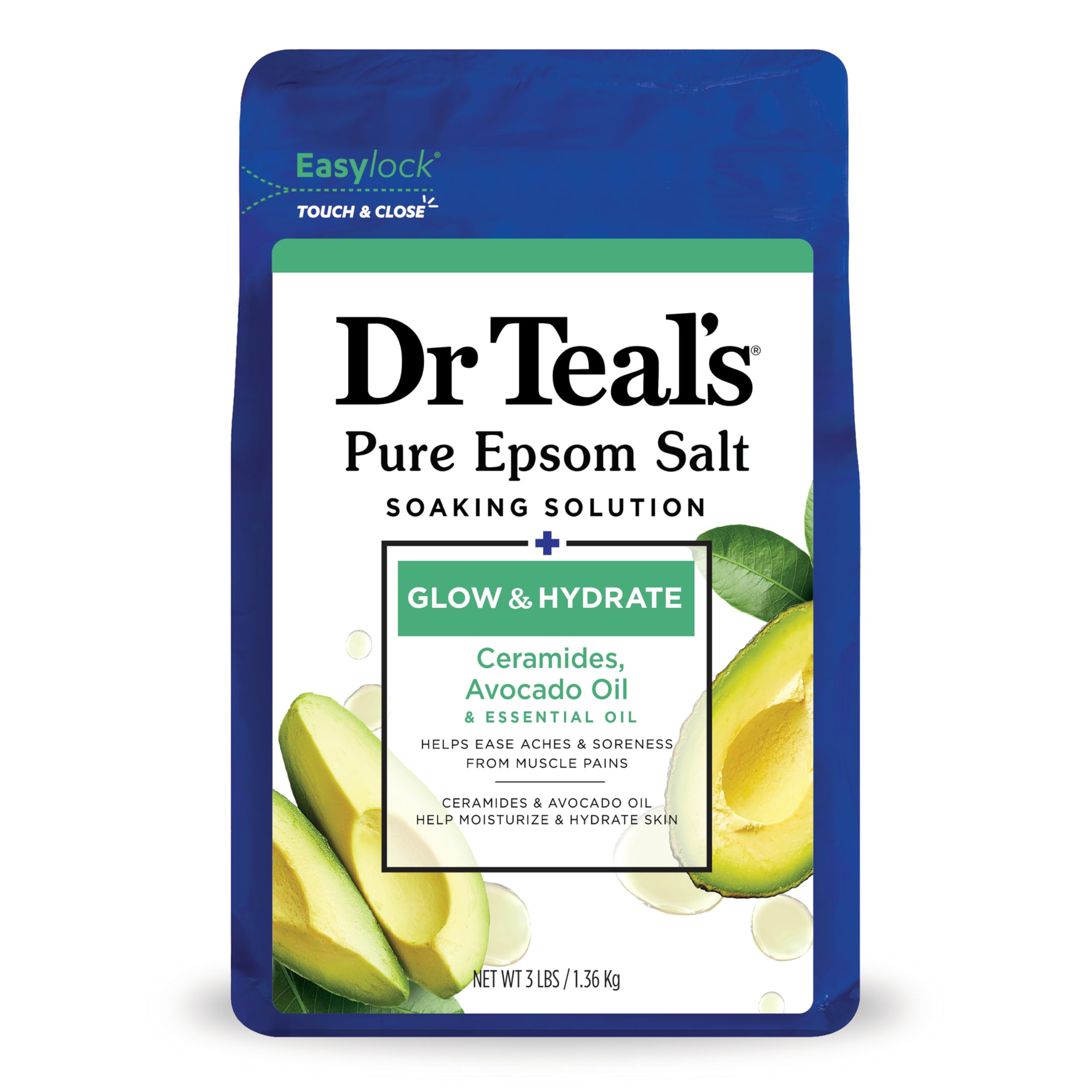 Dr Teal's Pure Epsom Magnesium Salt Soak, Glow & Hydrate with Ceramides & Avocado Essential Oils, 3 lbs