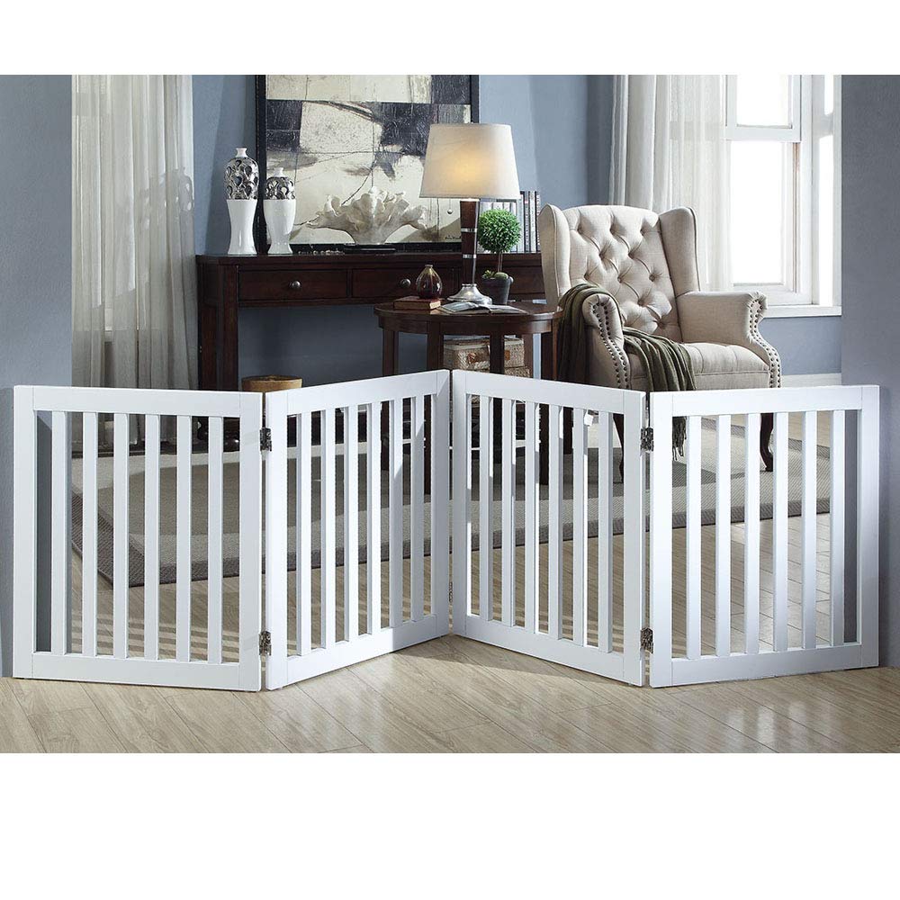 unipaws 24”H Free Standing Pet Gate for Dog Cat, Wooden Dog Gates for Doorway, Stairs, Step Over Foldable Pet Fence for The House, Expandable Dog Barrier, Indoor Use, White