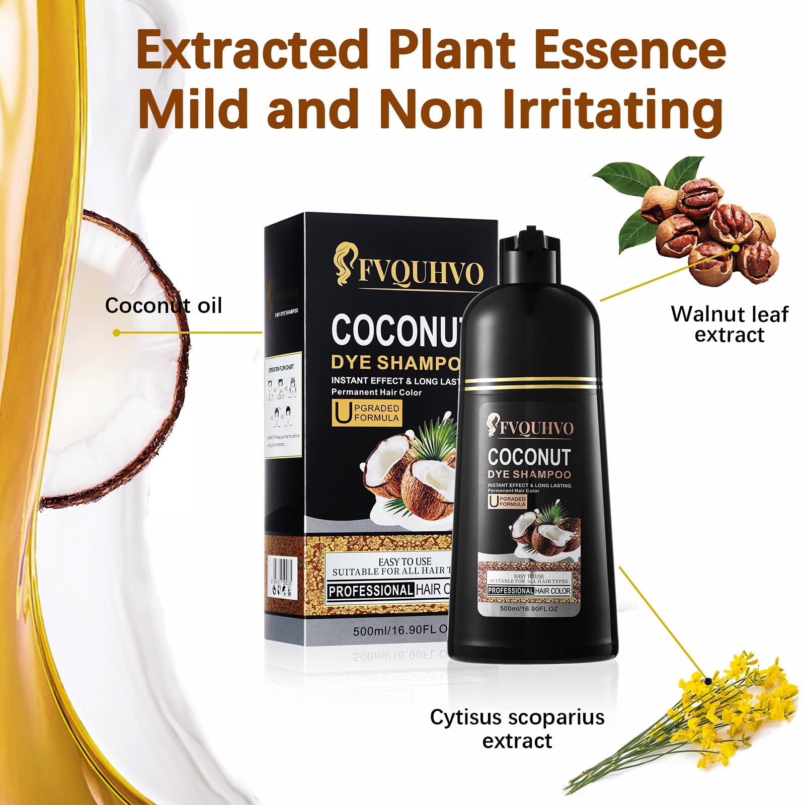 Instant Black Hair Dye Shampoo, Coconut Oil Black Hair Shampoo for gray hair,Natural Black Hair Color Shampoo 3 in 1,Black Shampo for Men & Women,Long - Lasting Coconut Dye Shampoo 16.90 Fl Oz(Black)