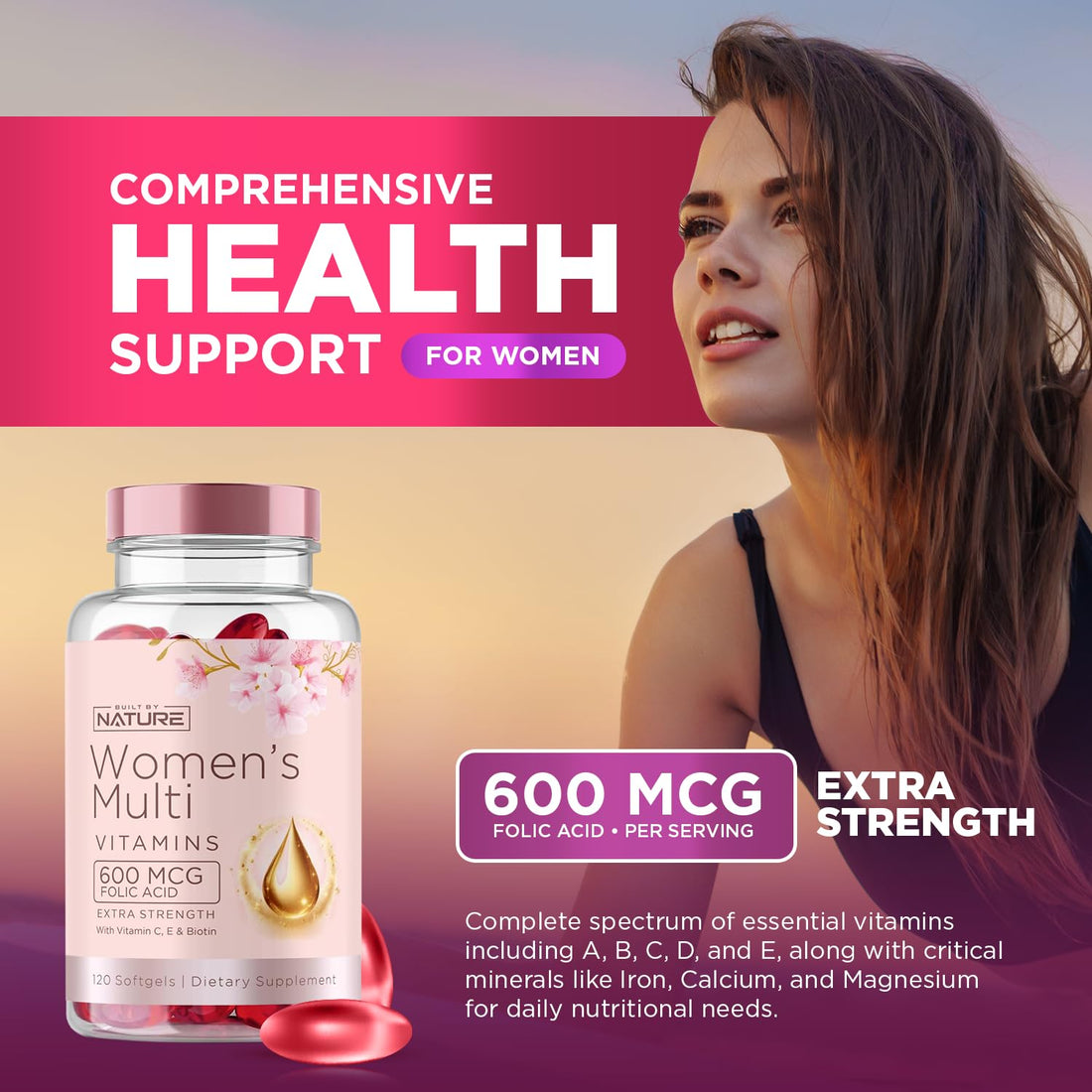 Built by Nature Vitamins for Women – Women's Complete Daily Multivitamin Supplement with A, B, C, D, E, Iron, Calcium, Magnesium and Multi Minerals – Wellness & Immune Health Support - 120 Softgels