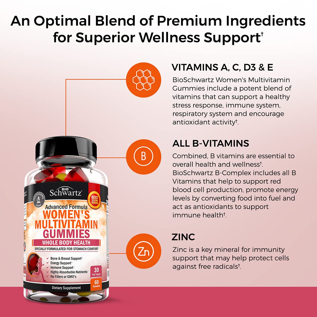 Women's Multivitamin Gummies with Vitamin A C B6 B12 D & E Vitamins for Immune Support - Gummy Multivitamin for Women for Bone Breast Skin Joint & Energy Dietary Supplement, Mixed Berry Flavor, 60 Ct