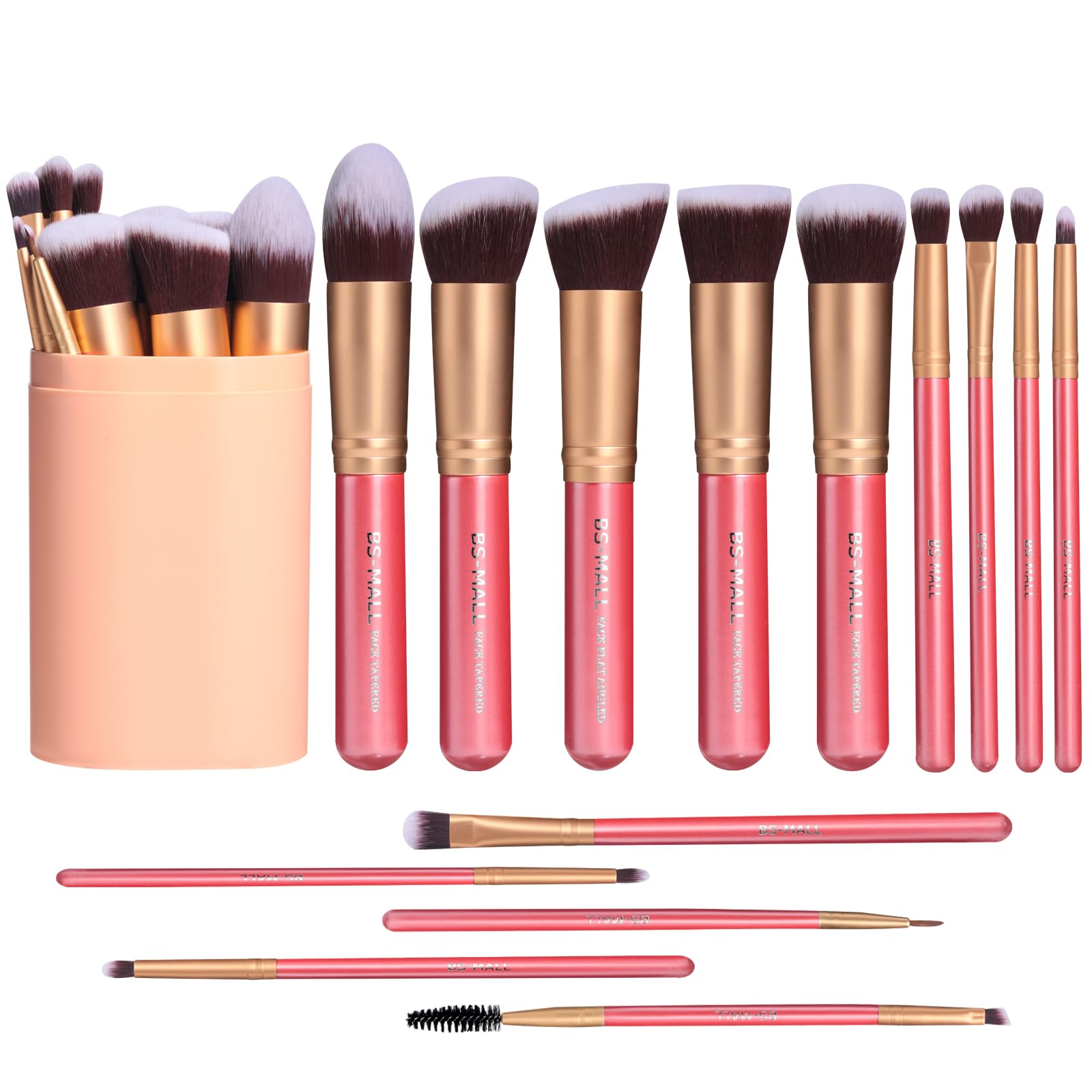 BS-MALL Premium 14 Piece Powder Foundation Concealer Blush Eye Shadow Makeup Brush Set (Golden Pink)