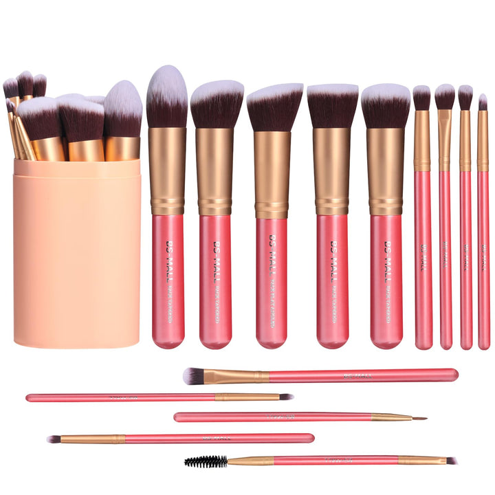 BS-MALL Premium 14 Piece Powder Foundation Concealer Blush Eye Shadow Makeup Brush Set (Golden Pink)