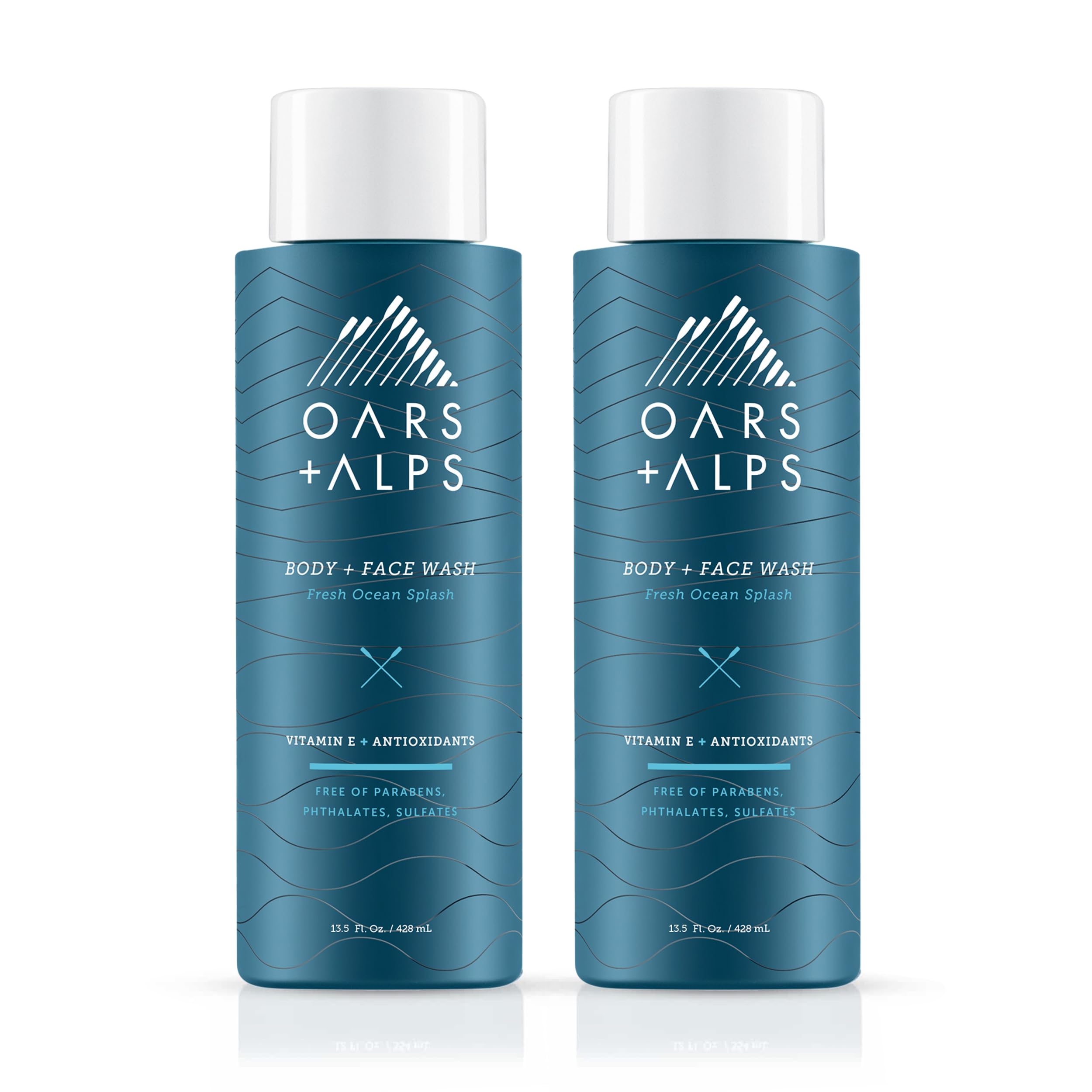 Oars + Alps Mens Body and Face Wash, Naturally Derived Skin Care Infused with Vitamin E and Antioxidants, Vegan and Gluten Free, Fresh Ocean Splash, 2 Pack