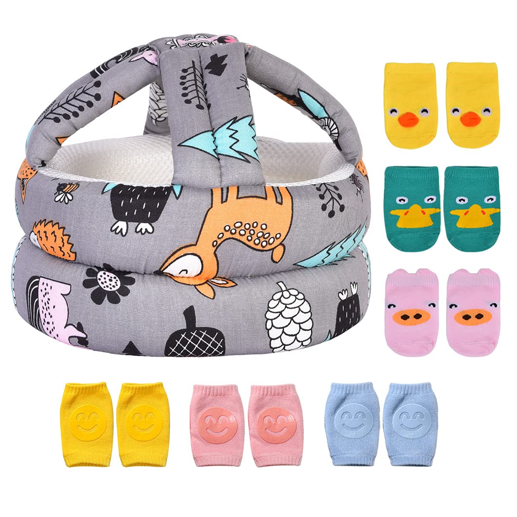 Umtiti Baby Adjustable Helmet, Lightweight and Soft, with 3 Pairs Baby Knee Pads for Crawling & 3 Pairs Baby Socks, Great for Baby Learning to Walk and Crawl. Forest,Gray+6
