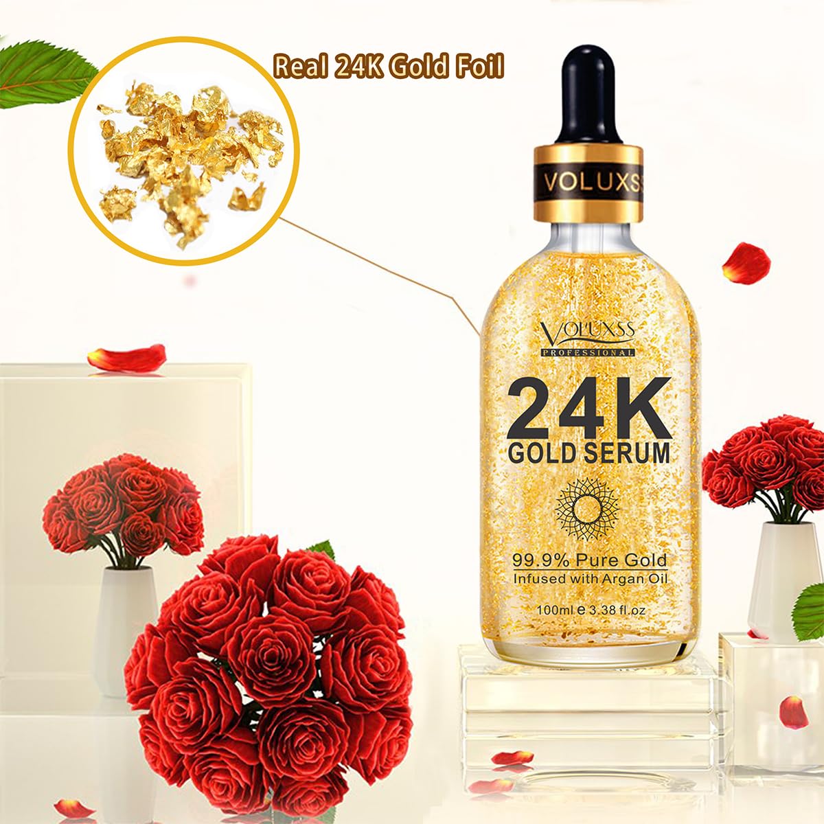 Voluxss 24K Gold Serum for Face,Skin Brightening Anti Aging Face Serum Moisturizer with Vitamin C,Hyaluronic Acid & Argan Oil for Dark Spots & Fine Lines,Korean Skin Care Glow Collagen Booster Serum