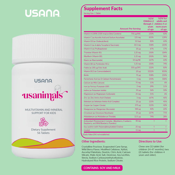 USANA Usanimals Multivitamin for Kids - Daily Chewable Tablets with Vitamins A, C, D, E, B6, B12, Zinc, Iron - Supports Immune, Bone & Brain Health - Essential Nutrients for Ages 2-12 - 56 Tablets