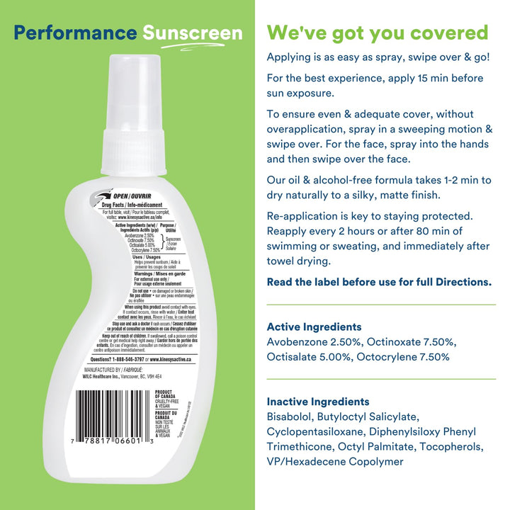 KINeSYS SPF30 Performance Sunscreen Spray, Fragrance-Free, 4oz