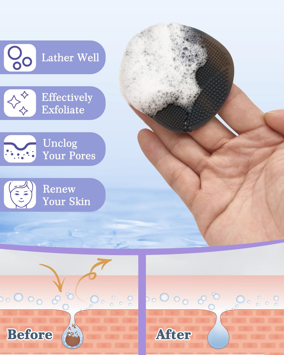 Manmihealth Silicone Back Scrubber & Soft Bath Glove Set 4 PCS(Thick Bristles), Super-Exfoliating Body Scrubber & Super-Lathering Shower Brush Combination, with 2 Free Hooks (Black)