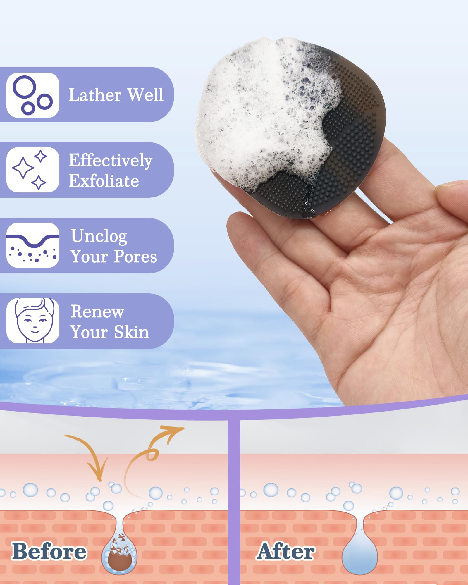 Manmihealth Silicone Back Scrubber (Thick Bristles) & Bath Glove & Face Brush Set(3PCS), Super-Exfoliating & Lathering Body Scrubber, Shower Brush, Face Scrubber Combination, with a Free Hook.(Black)