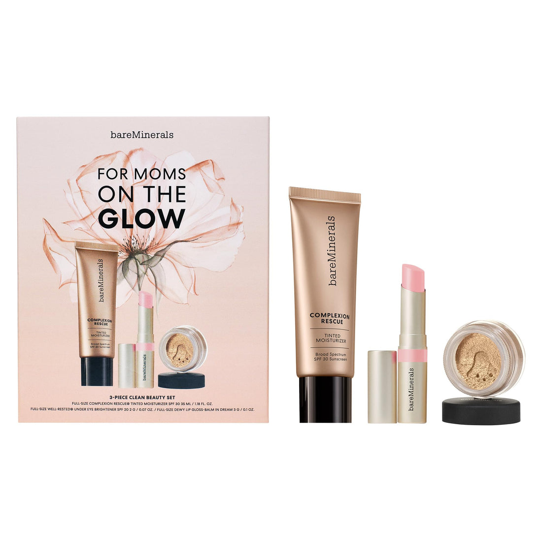 bareMinerals 3-Piece Clean Beauty Gift Set, Includes 3 Full-Sizes, Tinted Moisturizer Mineral SPF 30 + Hyaluronic Acid, Under-Eye Brightener + Concealer, Dewy Lip Gloss-Balm Set, Makeup Trio, Vegan