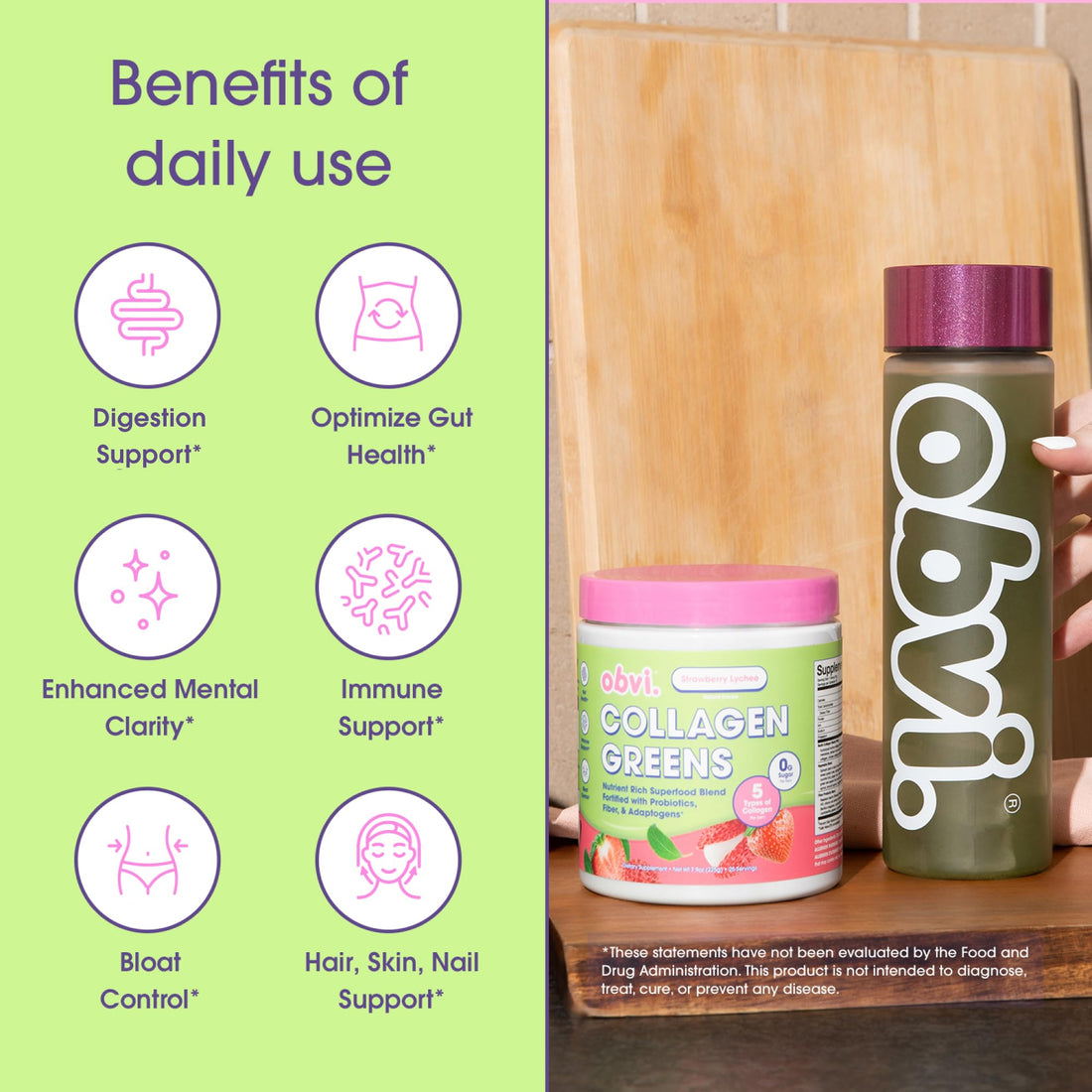 Obvi Collagen Greens | Organic Greens Superfood Powder with Collagen Peptides | Probiotics for Gut Health, Skin, Hair, Nails | Gluten-Free, Zero Sugar | Strawberry Lychee Flavor, 25 Servings