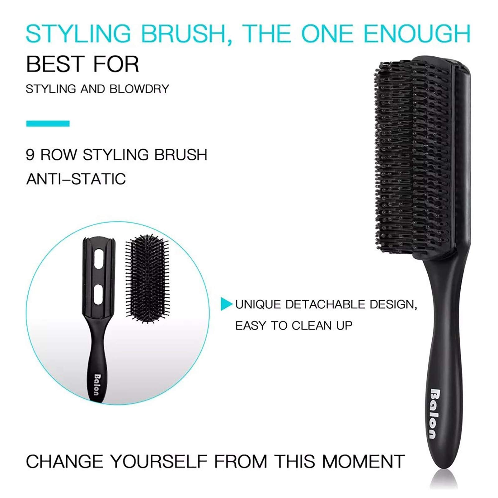 4Pcs Paddle Hair Brush, Detangling Brush and Hair Comb Set for Men and Women, Great On Wet or Dry Hair, No More Tangle Hairbrush for Long Thick Thin Curly Natural Hair (Black)