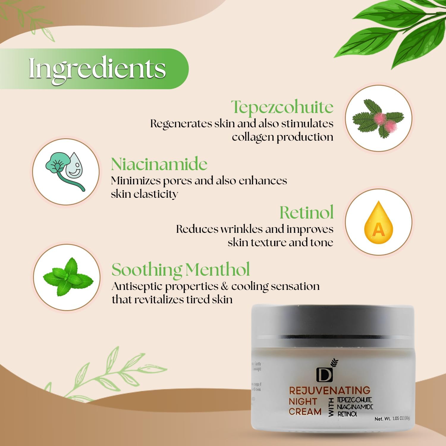 Rejuvenating Facial Night Cream with Retinol, Tepezcohuite, Niacinamide - cruelty-free, vegan, paraben-free silicone-free Mexican Natural skincare ingredients