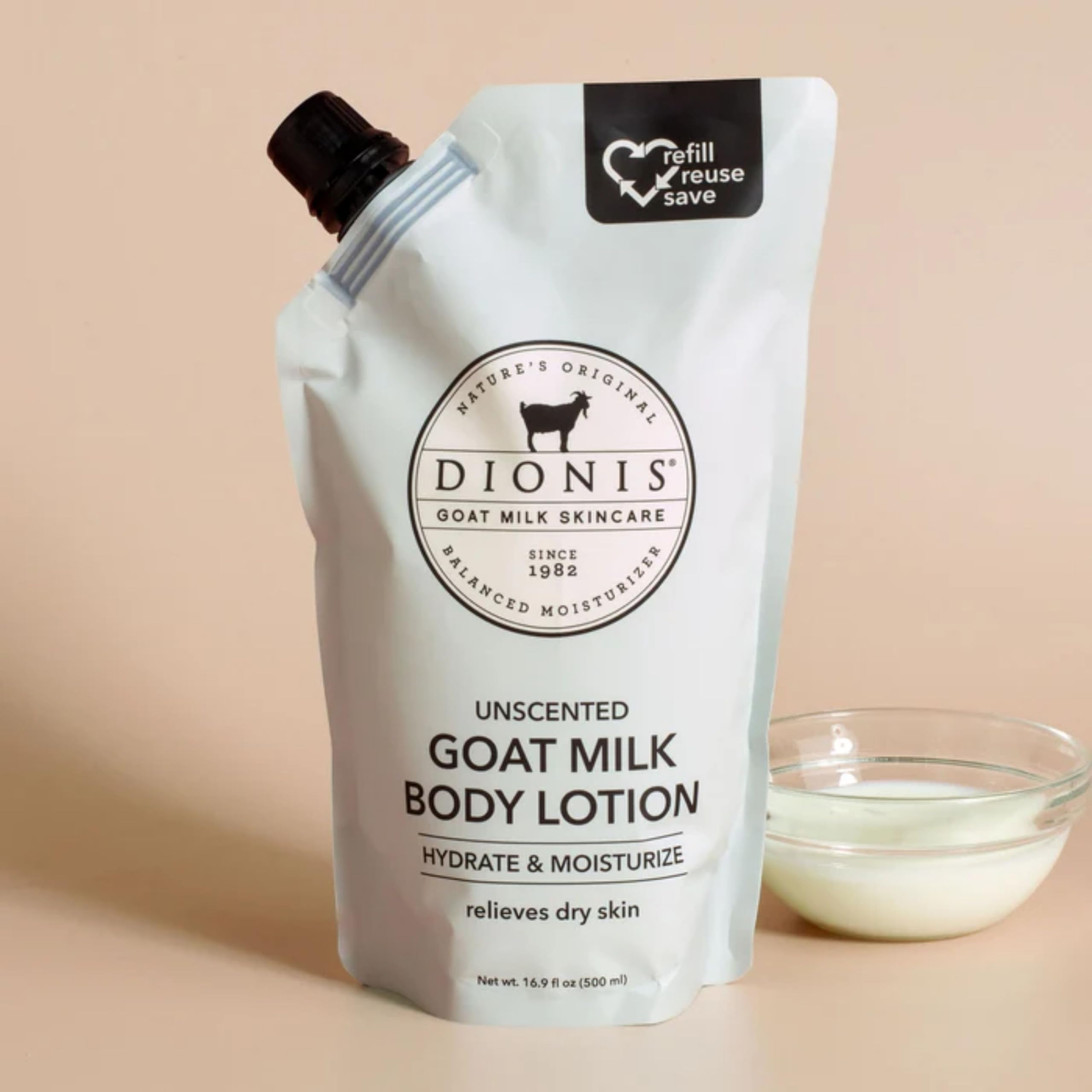 Dionis Goat Milk Skincare Body Lotion 16.9oz Refill Pouch, Cruelty Free Clean Ingredients & Dermatologist Tested Lotion for Dry Skin, Hydrating & Deeply Moisturizing Rich in Vitamins, Unscented