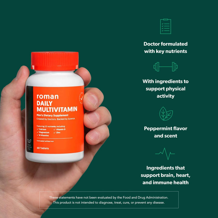 ROMAN Daily Multivitamin for Men | Supports Physical Activity, Brain + Heart Health, and Immune System with 23 Key Nutrients Including Calcium, Magnesium, and Zinc | 30-Day Supply (60 Tablets)